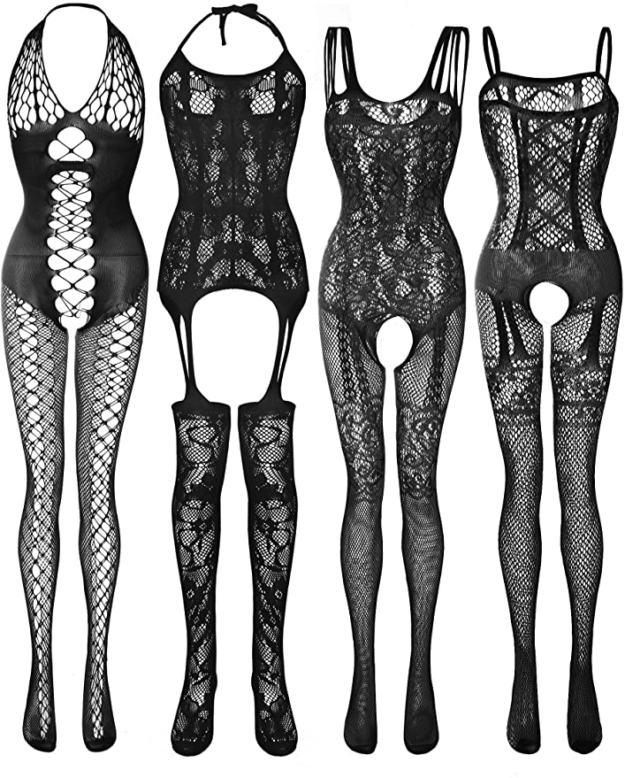 4 Pieces Women Mesh Lingerie Stockings Fishnet Dresses Hollow Fishnet Bodysuits