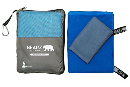 BEARZ Outdoor Microfiber Towel Set for Sports, Swimming, Travel. Compact & Absorbent Sports Towels for Camping, Gym, Beach, Yoga, Golf. Included: Bag w/ Water Resistant Pocket, Carabiner & Face Cloth