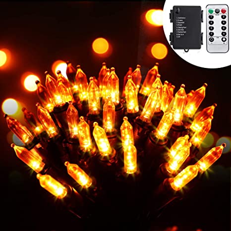 RECESKY 100 LED Battery String Lights with Remote and Timer - 33ft Halloween String Lights for Outdoor, Indoor Decor - Clear Mini Bulb Lighting for House, Halloween Party Decorations (Amber, Orange)