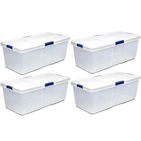 Hefty 100-Quart Latch Box, Large Capacity, White Lid and 4 Blue Handles, 4-Pack