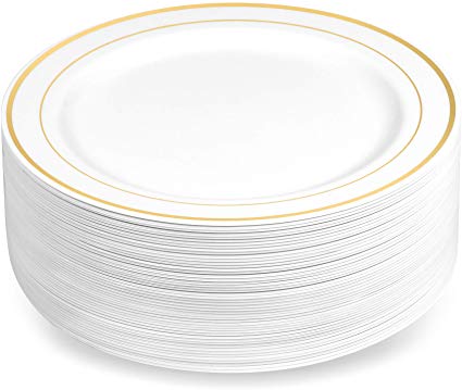 BloominGoods Gold Rimmed Plastic Plates (100 Pack) 7.5" Inch Heavyweight White Dessert/Appetizer Plates | Real China Look Weddings Parties and Events Plates | Disposable or Reusable