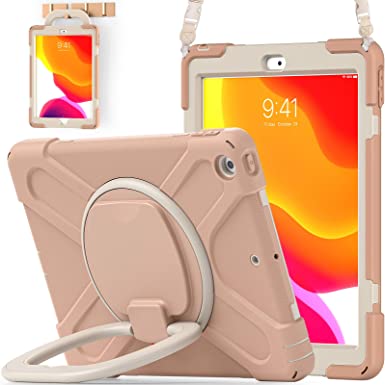 BATYUE iPad 9th/ 8th/ 7th Generation Case (iPad 10.2 inch Rugged Case 2021/2020/2019) with Screen Protector, Rotating Stand/Pencil Holder/Carrying Shoulder Strap (Rose Gold)