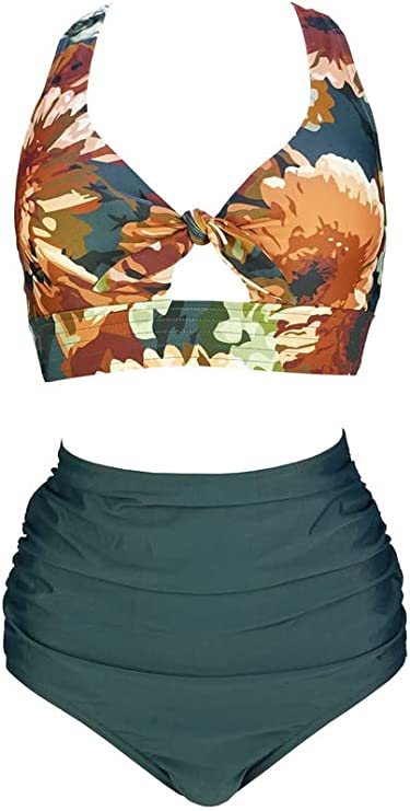 COCOSHIP Women's Retro Front Tie Superband High Waist Two Piece Bikini Set Ruched Beachwear Swimsuit