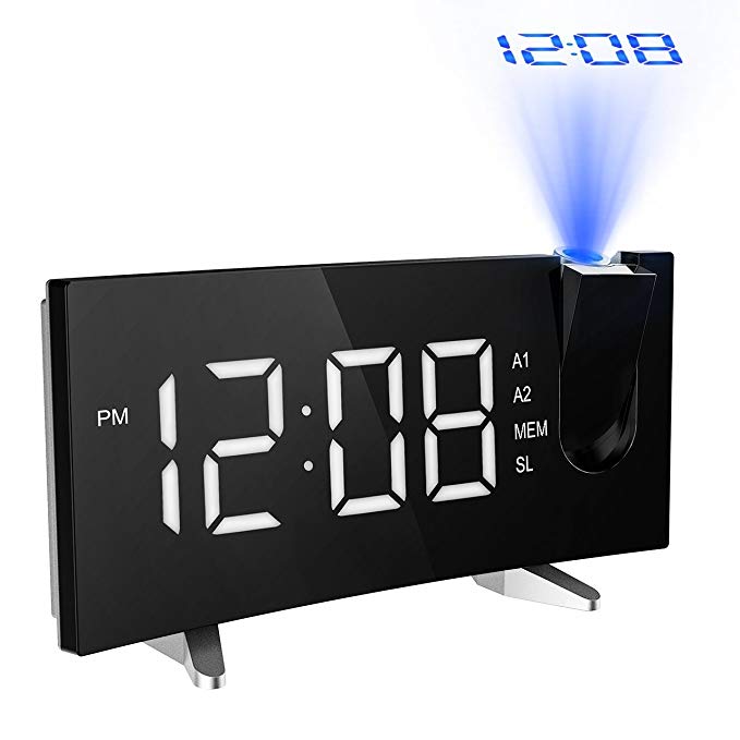 Alarm Clocks, (New Version)Pictek Projection Alarm Clock with FM Radio, 5-inch Dimmable Screen, Kids Clock Radio with Dual Alarms and Snooze Function, Digital Alarm Clock Projector with USB and Battery Backup for Bedroom, White