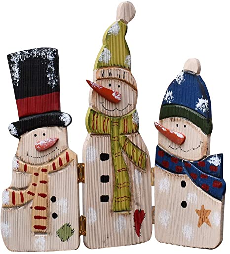 Christmas Decorations Wood Snowman Sign Holiday Xmas Home Decor Wooden Folding Triple Snowmen Screen Rustic Decorative Ornaments for Table Top Fireplace (Snowman)