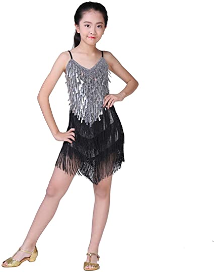 Magogo Girls Dancing Dresses, Sequin Tassel Skirt Latin Dance Costumes for Kids, Salsa Ballet Tango Rumba Ballroom Dancewear