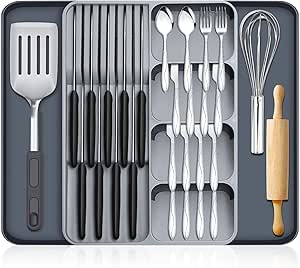 Yafe Cutlery Drawer Organiser, Large Expandable Kitchen Drawer Organiser Cutlery Trays for Kitchen Drawers Utensil Tray Adjustable Utensil Drawer Organiser Knife Fork Spoons Storage,Black & Grey