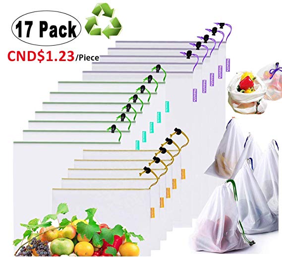 Noblelife Reusable Produce Bags,Mesh Fresh Vegetable Bag Set of 17