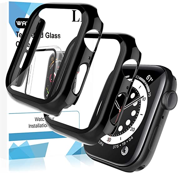 LK 2 Pack Case for Apple Watch Series 6 SE 44mm Built-in Tempered Glass Screen Protector, Model No. TCB961, Hard PC Protector Cover for Apple Watch Series 6 SE 44mm, Plating Black