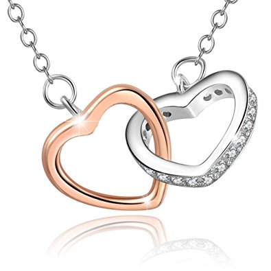 Heart Pendant Necklace,"Loving You" 2 Tone 925 Sterling Silver Double Heart Pendant Necklace,16 1" Extender