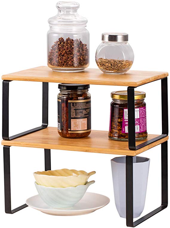 NEX Bamboo Kitchen Cabinet and Counter Shelf Organizer, Stackable & Expandable