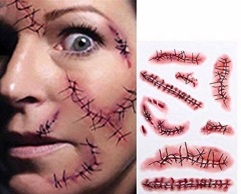 Tinuos Horror Realistic Fake Bloody Wound Stitch Scar Scab Waterproof Temporary Tattoo Sticker Halloween Masquerade Prank Makeup Props-6PC