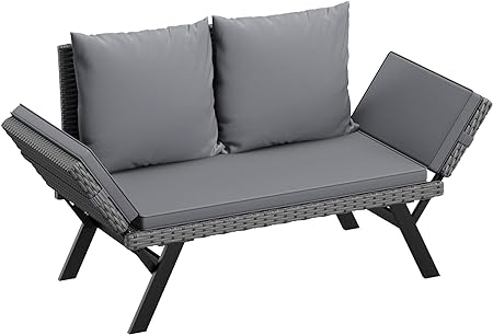 Flamaker Outdoor Convertible Sofa, Woven Rattan Patio Furniture Sunbed with Adjustable Armrests, Removable Cushions and Pillows for Patio, Porch, Pool (Grey Lounger & Grey Pillowcase)