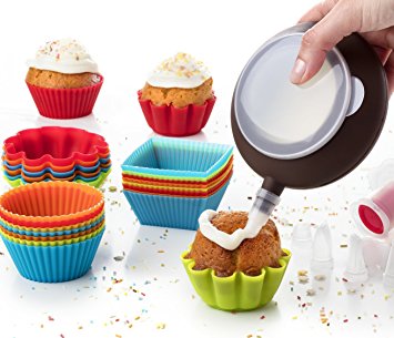 Cupcake Liners Complete Set: Pack of 24 Muffin Cake Molds Silicone Cups   Corer Plunger   Cake Decorating Kit Bag Pen   5 Icing Tips by Maxi Nature