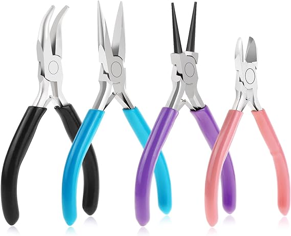Anezus 4Pcs Jewelry Pliers Tool Set Includes Needle Nose Pliers, Round Nose Pliers, Wire Cutters and Bent Nose Pliers for Jewelry Beading Repair Making Supplies