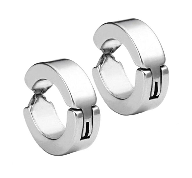 HIJONES Men's Stainless Steel Non-Piercing Clip On Hoop Huggie Hinged Stud Earrings