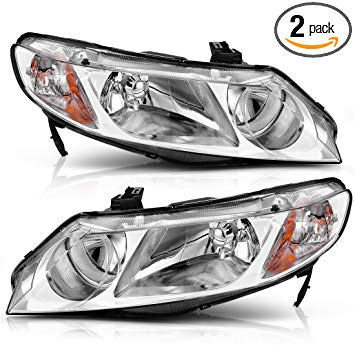 For 2006 2007 2008 2009 2010 2011 Honda Civic 4-Door Headlight Assembly Headlamp Replacement with Amber Park Lens,Chrome Housing Amber Reflector, One-Year Warranty (Passenger and Driver Side)