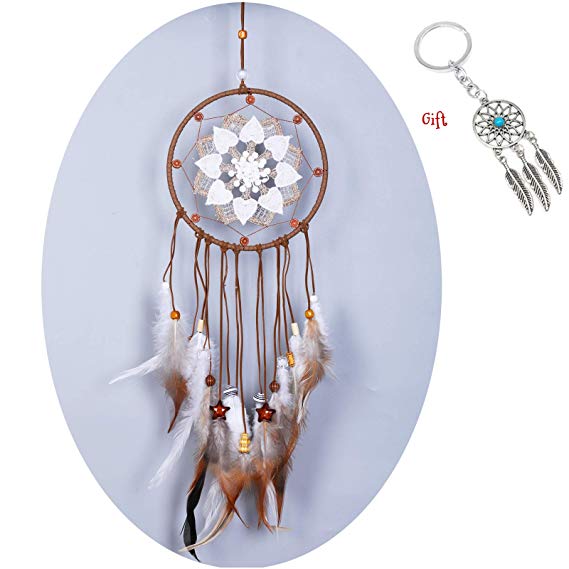 AWAYTR Forest Dreamcatcher Gift Handmade Dream Catcher Net with Feathers Wall Hanging Decoration Ornament (Beige)