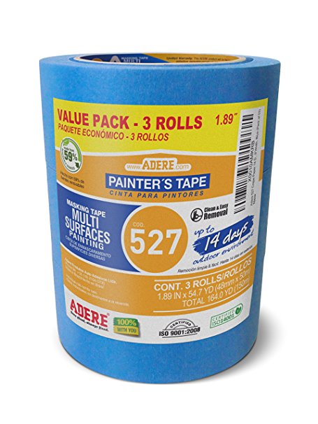 Adere 527 Crepe Paper 14 Day Easy Release Painters Masking Tape, 54.7 Yds Length X 1.89" Width, Blue (Pack of 3)