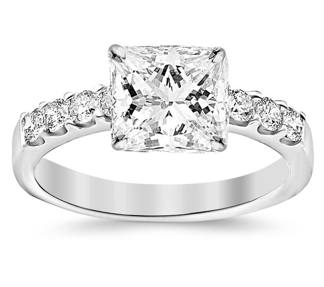 GIA Certified 1.03 Carat Princess Cut/Shape 14K White Gold Classic Prong Set Round Diamond Engagement Ring with a 0.50 Carat, E Color, VVS2-VS1 Clarity Center Stone