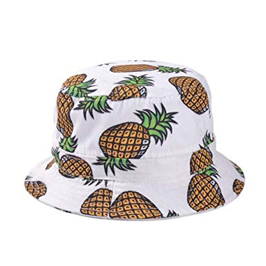 Girls Ladies Headwear Pineapple Pattern Wide Rim Flat top Fishing Bucket Hat Sun Hat