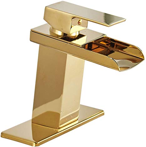 Era Gold Finish Waterfall Bathroom Sink Faucet Basin One Hole Single Handle Lever Commercial