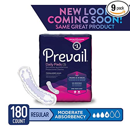 Prevail Moderate Absorbency Incontinence Bladder Control Pads Regular 20 Count (Pack of 9) Rapid Absorption Discreet Comfort Fit Overnight Incontinence Pads for Women