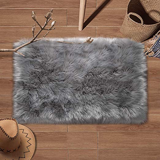 YJ.GWL Super Soft Faux Fur Area Rug (2'x3') for Bedroom Sofa Living Room Fluffy Bedside Rugs Home Decor, Grey Rectangle