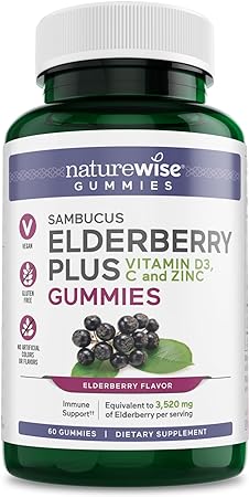 NatureWise Elderberry Gummies with Elderberry Vitamin C   Zinc and Vitamin D - Premium Sambucus Elderberry Gummies for Adults, an Immune Support Supplement - Vegan, Non-GMO - 60 Count[30-Day Supply]