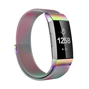 Issmolog Metal Bands Compatible Fitbit Charge 3 and Charge 3 SE, Milanese Loop Stainless Steel with Magnetic Closure for Fitbit Charge 3 Bands for Women Men Multi Colors, Large Small