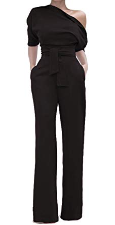 VLUNT One Shoulder Solid Color High Waist Short Jumpsuit and Romper with Belt for Women