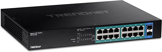 TRENDnet 18-Port Gigabit PoE  Switch, 16 x 30W PoE  Ports, 2 Gigabit SFP Slots, 240W PoE Budget, 36Gbps Switching Capacity, 1U 19” Rack Mountable, Lifetime Protection, Black, TPE-TG182