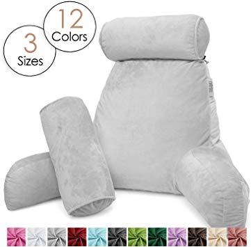 Nestl Reading Pillow, Includes 1 Extra Large Bed Rest Pillow with Arms and Pockets   2 Detachable Pillows, Premium Shredded Memory Foam TV Pillow, Neck Roll & Lumbar Support Pillow - Set of 3 - Silver