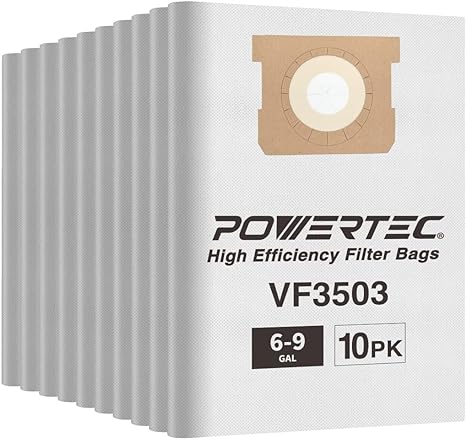 POWERTEC 75016-P5 Filter Bags for Ridgid VF3503 6-9 Gal/ Workshop WS32090F2 5-9 Gal Wet Dry Vacuum, 10PK