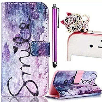 Apple iPhone 4 4S Case,Vandot 3 in 1 Set Colorful Printing Painting PU Leather Magnetic Closure Flip Stand Book Stlyle Wallet Case[Credit Card Holder][Perfect Fit] Protective Skin Cover Shell-Purple Cloud Smile Heart Bling Cat Anti Dust Plug Stylus Screen Touch Pen
