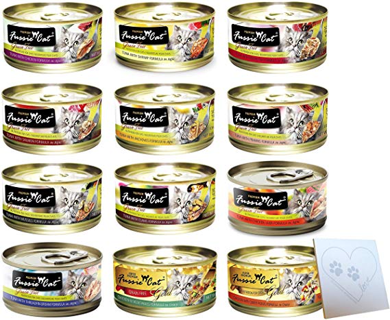 Fussie Cat Huge Variety Pack - 12 Flavors: Tuna & Shrimp, Chicken & Liver, Tuna & Prawn, Tuna & Bream, Chicken & Vegetable, Tuna & Clam, (1) Pet Paws Notepad and More! (2.82oz Each, 12 Total Cans)