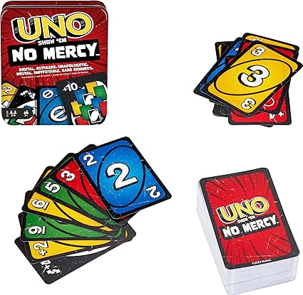 Mattel Games UNO Show ‘em No Mercy Card Game in Storage & Travel Tin for Kids, Adults & Family Night with Extra Cards, Special Rules & Tougher Penalties (Amazon Exclusive)