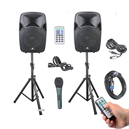 PRORECK PARTY 12 Portable 12-Inch 600 Watts 2-Way Powered PA Speaker System Combo Set with Bluetooth/USB/SD Card Reader/ FM Radio/Remote Control/Speaker Stand