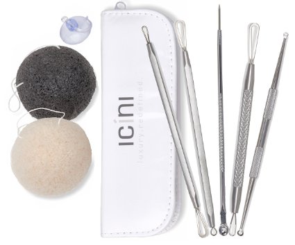 ICINI 5 Piece Blackhead Remover Kit Blackhead Extractor Tool Set and 2 XL Konjac Sponges - Your Ultimate Skin Care Routine!