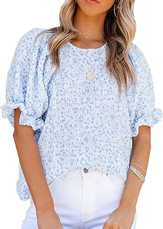 Zeagoo Womens Blouses Dressy Casual Spring Floral Print Crewneck Smocked Puff Short Sleeve Shirts