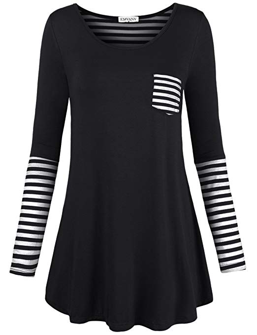 EMVANV Women's Soft Casual Back Active Sweatshirts Long Sleeve Stripe A-Line T Shirt Dress Tunic Top
