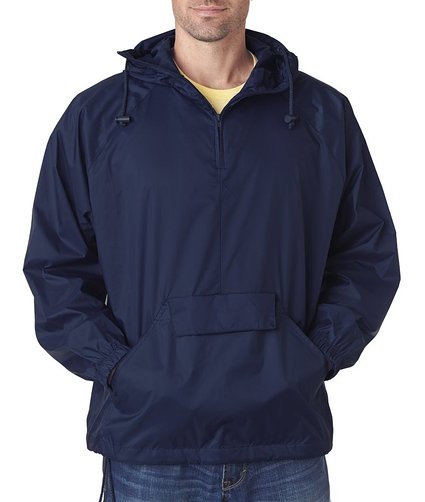 UltraClub 8925 Mens Solid 14-Zip Hooded Pullover Pack-Away Coat