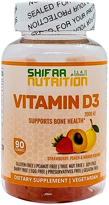 SHIFAA NUTRITION Halal & Vegetarian Vitamin D3 Gummies | Healthy Bones, Muscle, Immune | Helps against Osteoporosis | 2000 IU | Max Absorption | Gelatin, Gluten, Dairy & Nut Free | Halal Vitamins | 90
