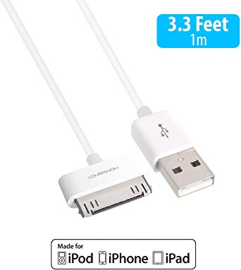 30 Pin iPad Charger, HomeSpot Apple Certified MFi 30 Pin to USB Charge and Sync Charging Cord Charger Compatible with iPhone 4/4s, iPhone 3G/3GS, iPad 1/2/3, iPod - 3.3 Feet 1 Meter White