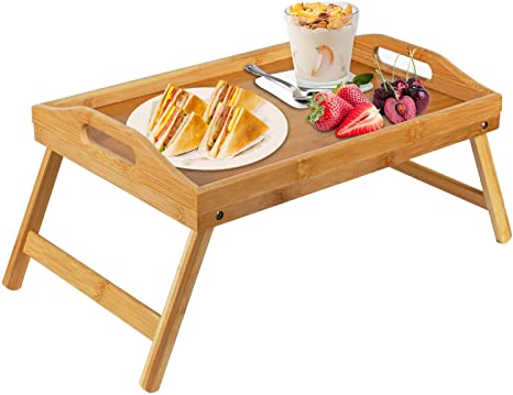 Pipishell Bamboo Bed Tray Table with Foldable Legs, Breakfast Tray for Sofa, Bed, Eating, Working, Used As Laptop Desk Snack Tray