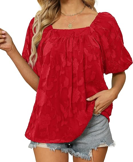 Aokosor Womens Summer Tops Dressy Casual Flowy Short Sleeve Blouse Square Neck