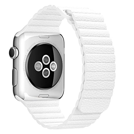 Smart watch band 38mm/ 42mm compatible for Apple Watch, Leather magnetic loop for series 1 and 2 (White leather magnetic loop 38mm)