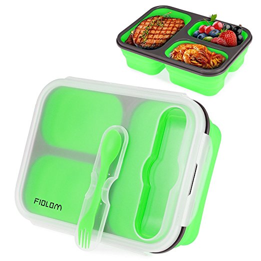 Bento Lunch Box, FIOLOM 3 Compartment Leakproof Meal Prep Container Portion Control Food Storage Container with Fork Spoon Dishwasher Safe Reusable Stackable Bento Box for Kids, Adults (Green)