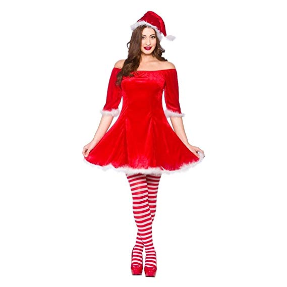 Adult Ladies Sexy Sweet Miss Santa Claus Christmas Fancy Dress Costume & Hat (Women: 10-12)