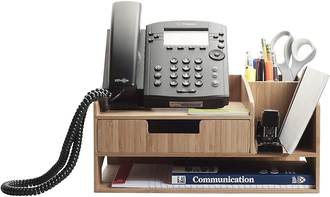 MobileVision Bamboo Telephone Stand w/Drawer Paper Tray & Pencil Holder Storage Solution for office products pens scissors staplers notepads business cards & more